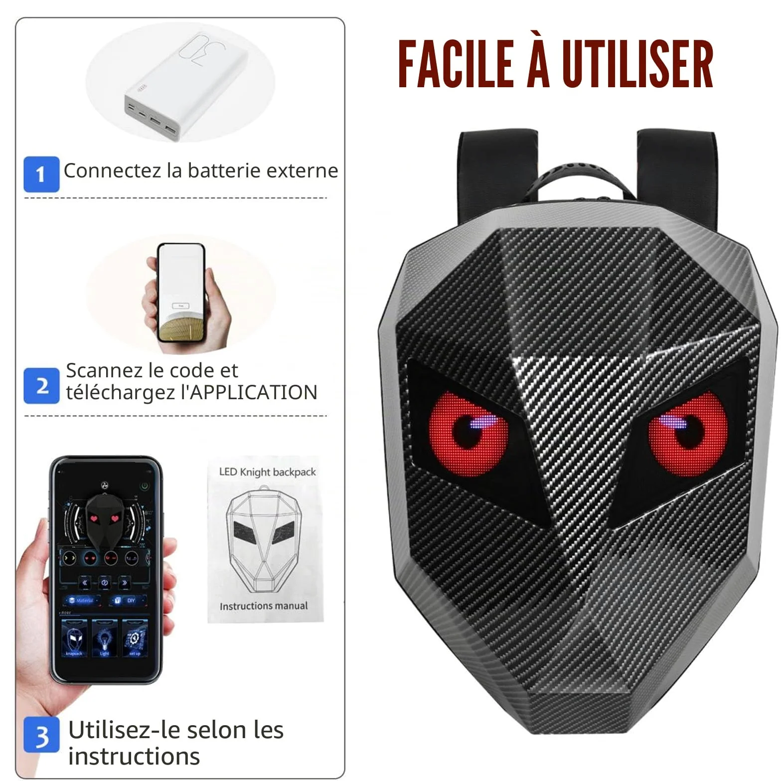 Jectse Sac à Dos LED, Sac à Dos Numérique Programmable de Grande capacité, Matériau étanche 3D, Personnalisation, pour Voyage, Moto, avec Port USB et Contrôle par Application