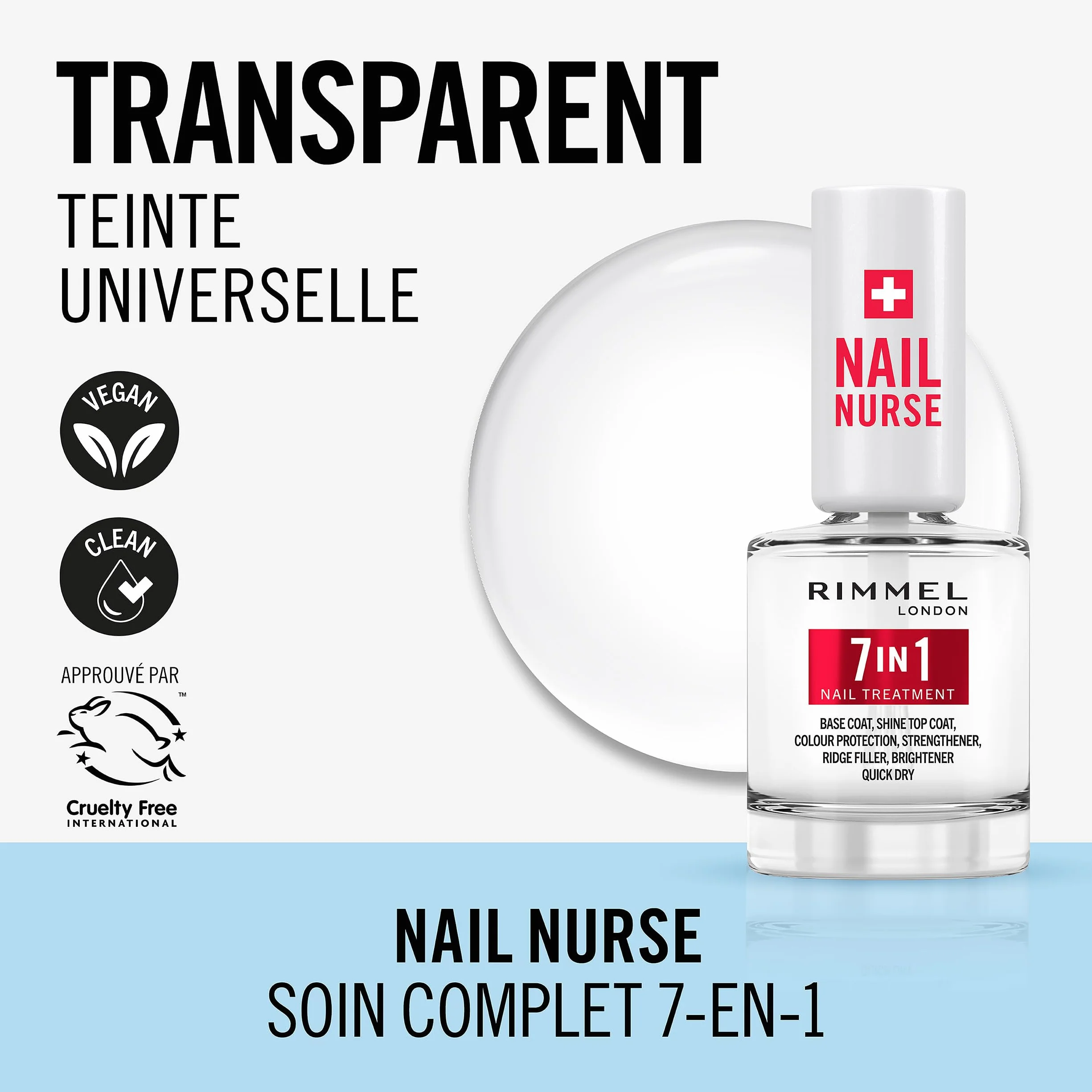 Rimmel London Base & Top Coat 7 en 1 polyvalent 12 ml soin des ongles vegan