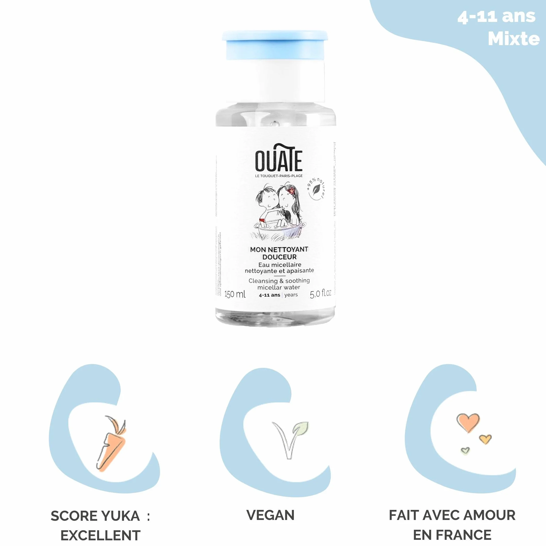 OUATE Eau Micellaire Nettoyante Apaisante Enfant Visage 4-11 Ans 150 ml Vegan Made in France