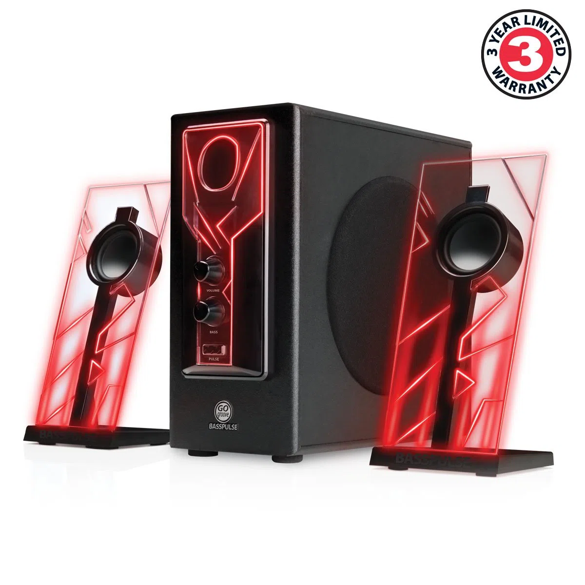 GOgroove BassPULSE Haut-parleurs stéréo 2.1 LED pour Ordinateur de Jeu avec lumières Rouges, Commandes des Basses et Caisson de Basses alimenté – Compatible avec PC, Mac, Ordinateur de Bureau,
