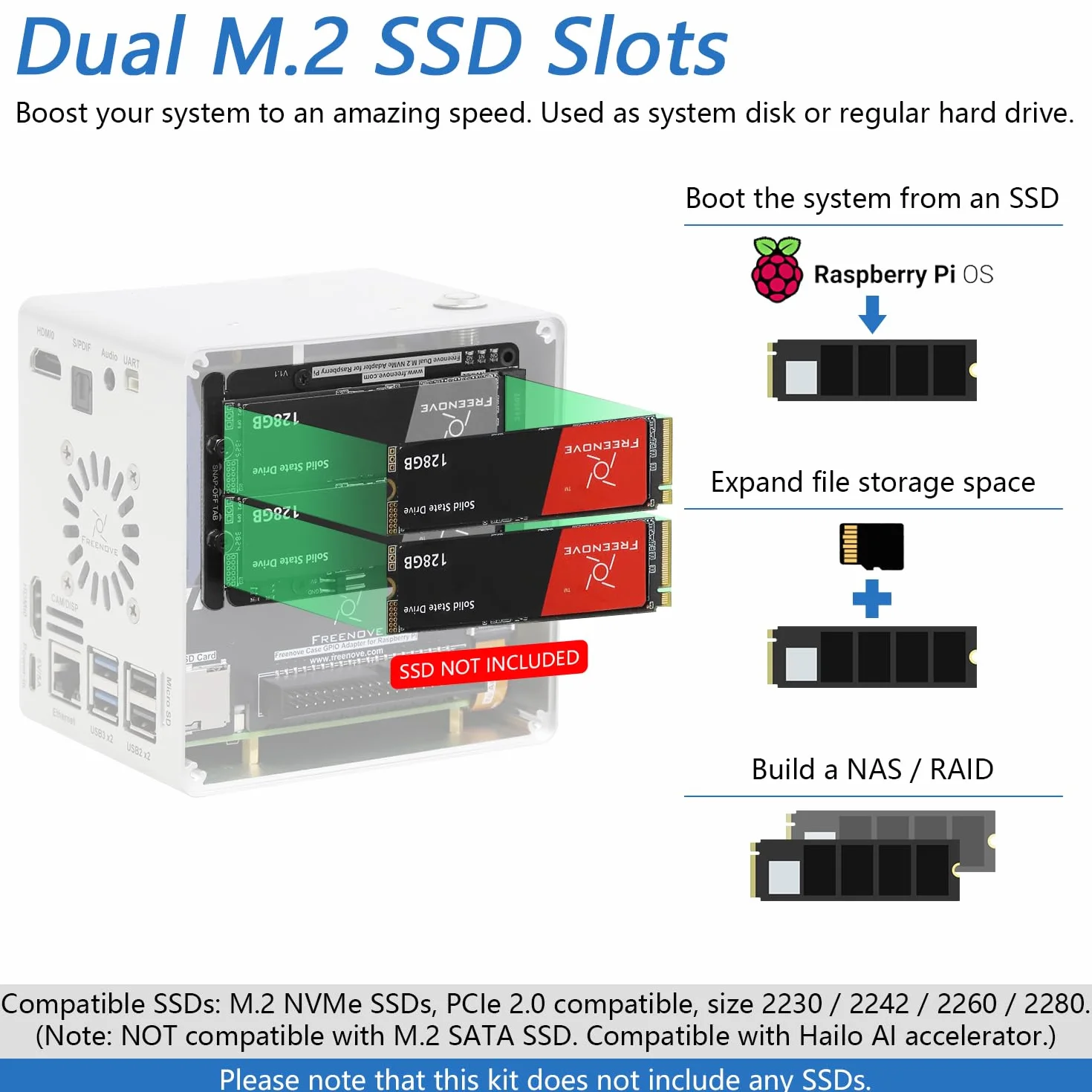 Freenove NAS Case for Raspberry Pi 5, Quad M.2 NVMe SSD Slots, PWM ARGB Fans, CPU Tower Cooler, Stereo Speakers