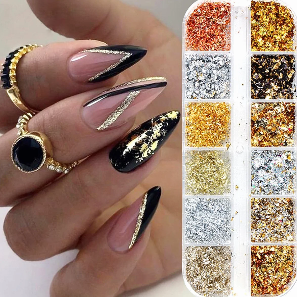 Yamobi Feuille d'or à ongles avec paillettes, 12 boîtes, pour nail art et manucure