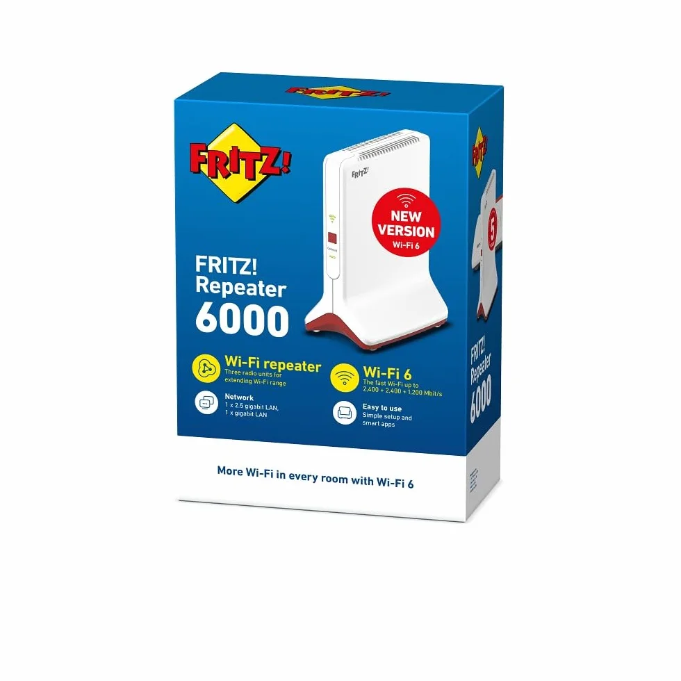 FRITZ!Repeater 6000 | Répéteur Wi-Fi 6 avec trois unités radio | 5 GHz (2 x jusqu'à 2.400 Mbit/s), 2,4 GHz (jusqu'à 1.200 Mbit/s) | Port LAN 2,5 Gigabit | Version internationale | Wi-Fi tri-bande (2,4/5/5 GHz), débit au top pour streamer et jouer, LAN 2,5
