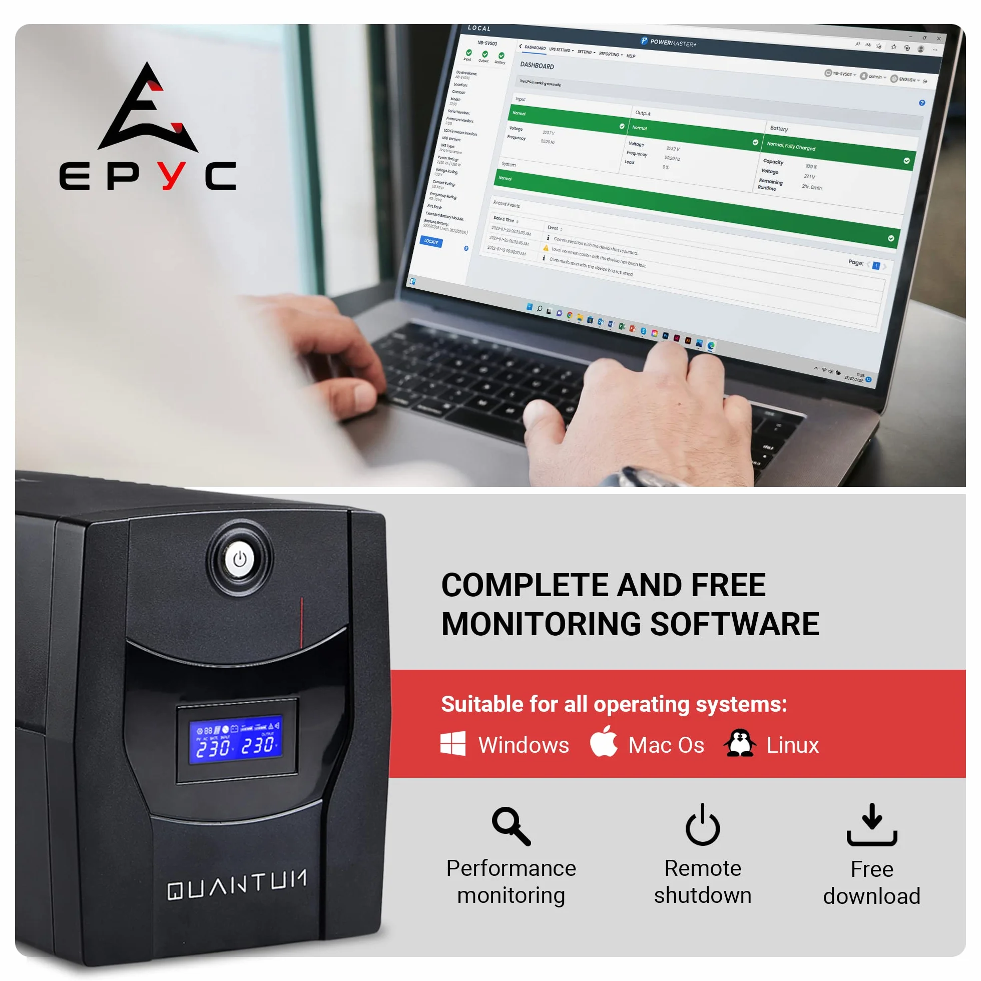 EPYC Quantum Onduleur UPS 2200VA 1320Watt Line Interactive 5 Prises Schuko IEC Écran LCD