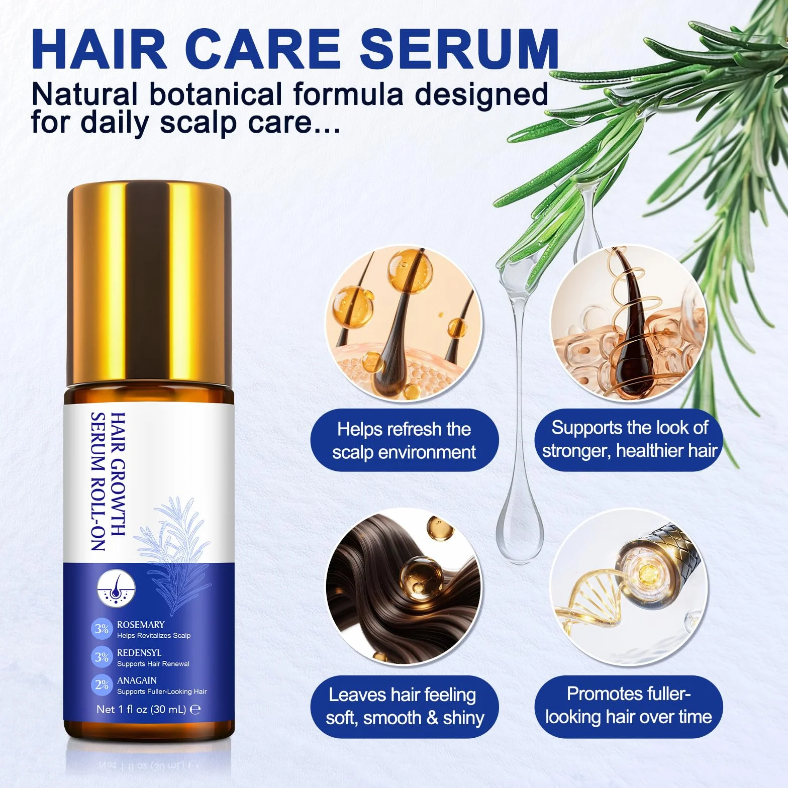 Huile et sérum de croissance capillaire au romarin 3%, Redensyl 3%, Anagain 2% - 30 ml