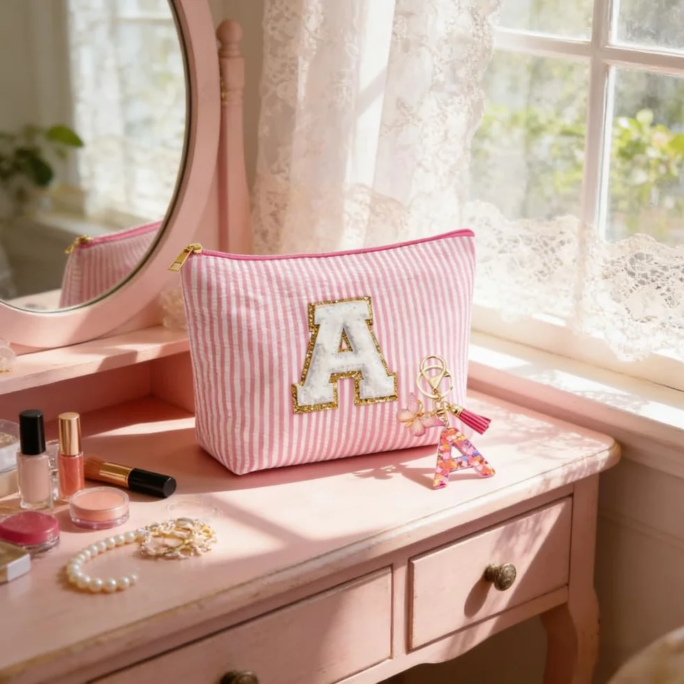 Trousse de Toilette Femme Fille Personnalisée Rose M avec Porte-Clés et Initiales Cadeau pour Mamans Amies