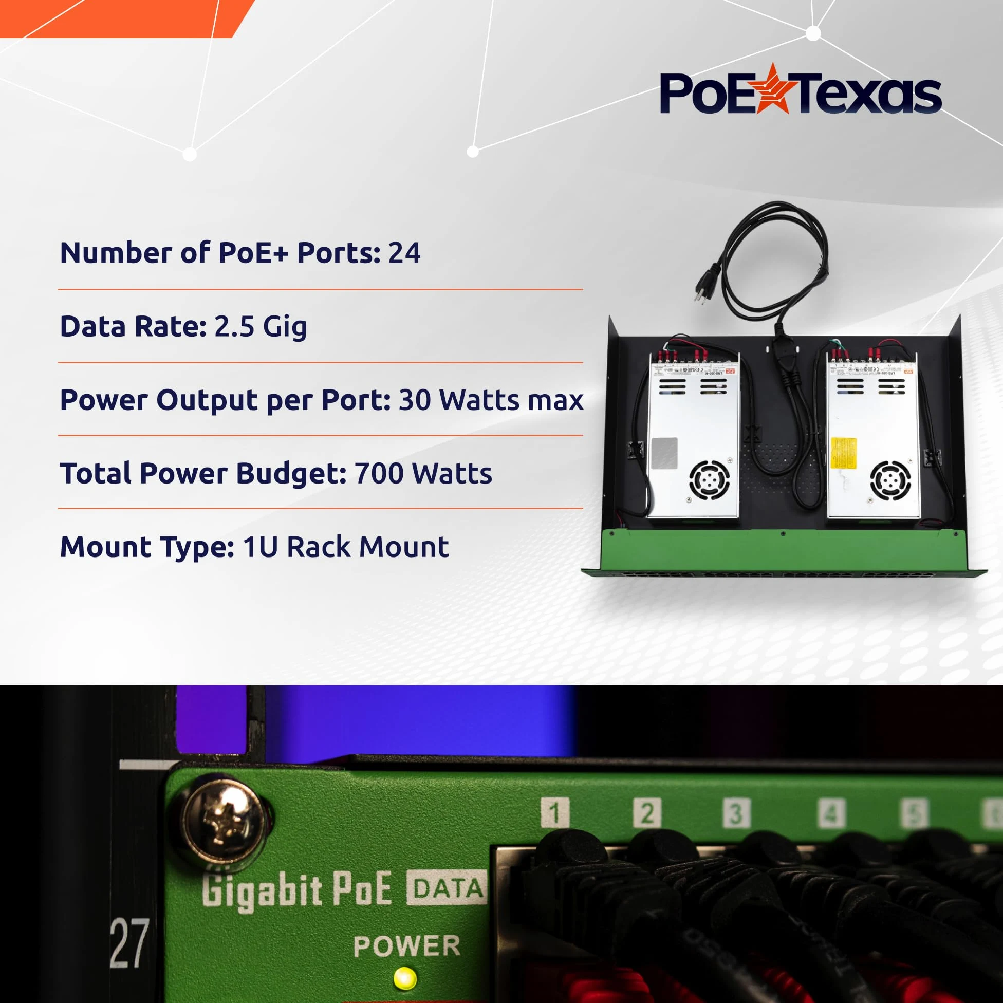 PoE Texas Injecteur PoE+ IEEE 802.3at à 24 ports - Obtenez un PoE+ complet sur chaque port - Puissance totale de 700 W - Taux de données 10/100/1000 Gigabit - Injecteur PoE+ actif pour points d'accès