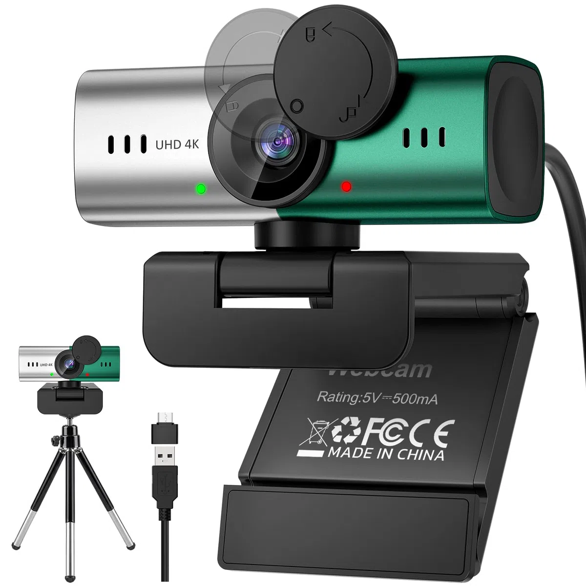 Webcam pour PC, caméra de streaming 4K, caméra Web pour ordinateur de bureau/ordinateur portable avec microphone, webcam USB Plug and Play, boîtier en alliage d'aluminium, pour diffusion en direct