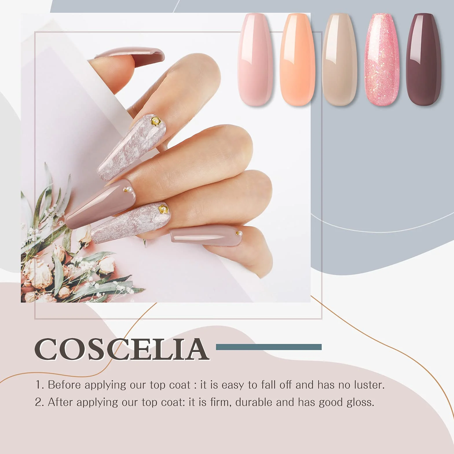COSCELIA Base et Top Coat Vernis Semi Permanent Set 2x10ML No Wipe Nail Art Gel