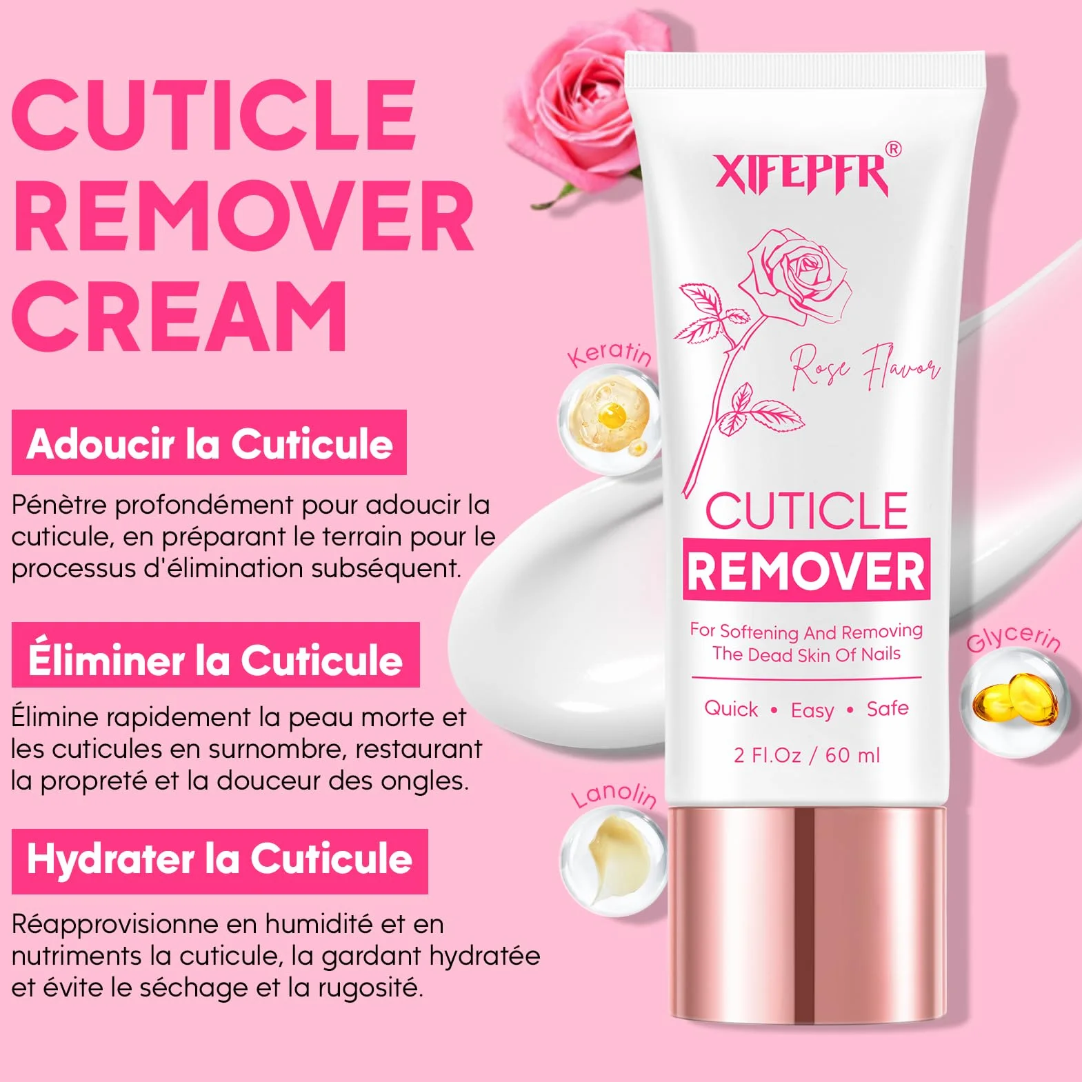 Kit élimination cuticules rose - Crème, huile, coupe-ongles, pousse-cuti et pince