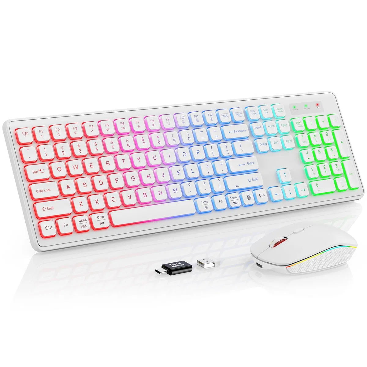 Clavier et souris sans fil – Rétroéclairé RVB, lettres rechargeables et lumineuses, pleine taille, angle d'inclinaison ergonomique, mode veille, clavier silencieux 2,4 GHz pour Mac, Windows,