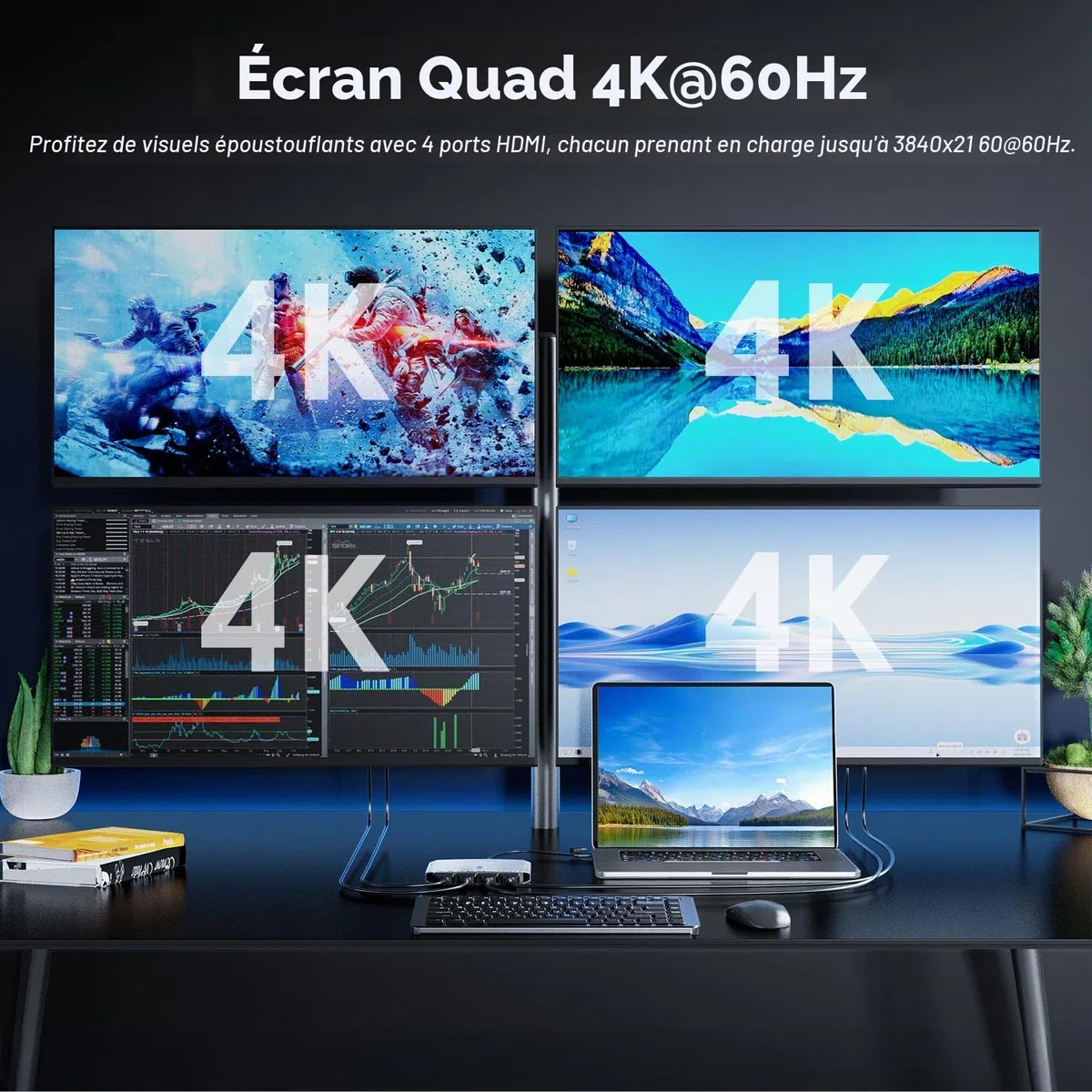 WAVLINK Répartiteur USB 3.0/C vers Quad HDMI pour Quatre moniteurs avec PD, Adaptateur Displayylink 4 HDMI 4K @ 60 Hz pour Mac M1/M2/M3/M4 ou Windows 10/11, Compatible avec Le Nouveau MacBook Neo