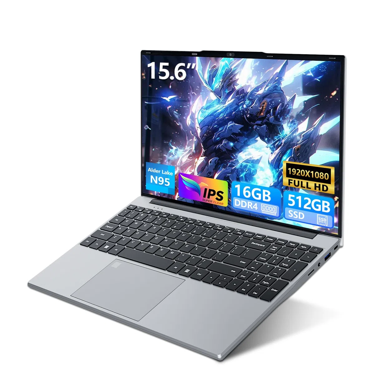 15,6" Ordinateur Portable FHD IPS avec Celeron N95 Processor, 16Go RAM 512Go SSD, Win 11 PC Portable avec Clavier Rétroéclairé et Empreinte Digitale, Laptop USB3.0, HDMI, Wi-FI5, BT4.2, 5000mAh