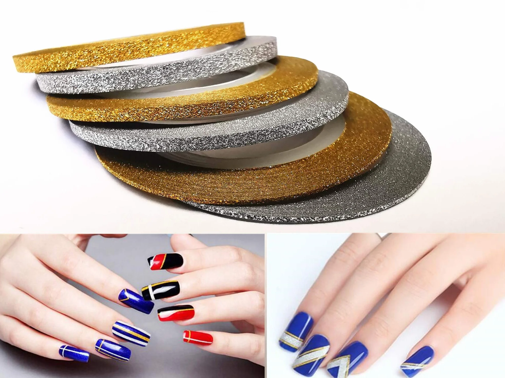CHANGAR Lot de 6 rouleaux ruban adhésif paillettes nail art 1 mm 2 mm 3 mm Doré argenté