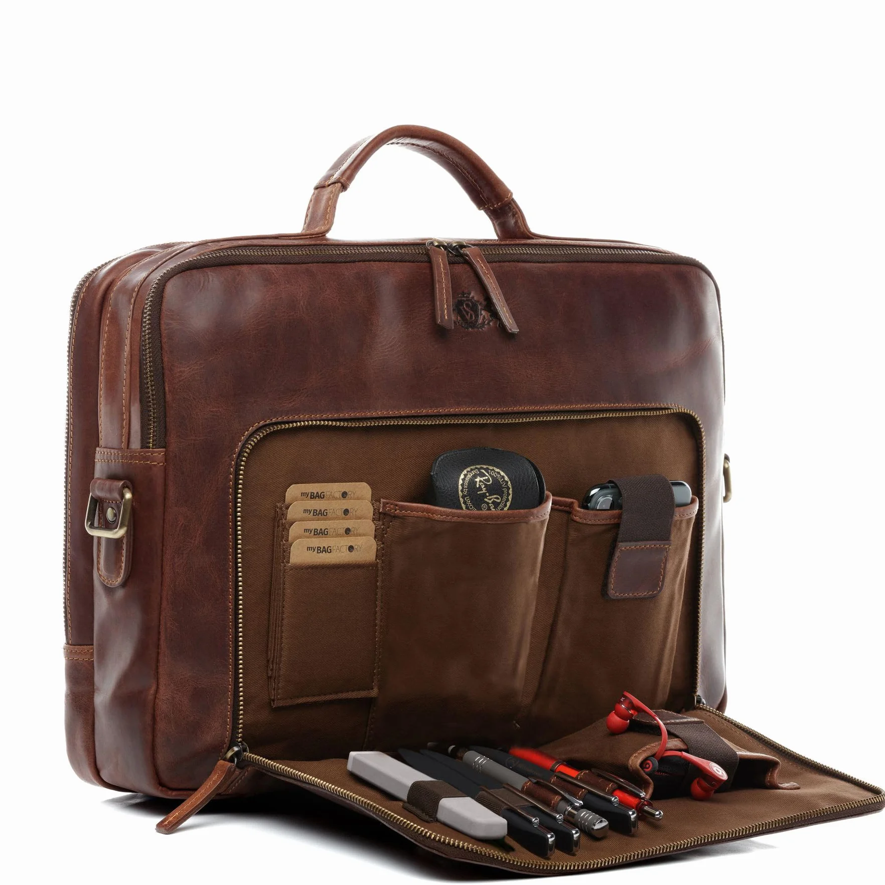SID & VAIN Sac Ordinateur Portable Cuir véritable 15.4 Pouces Simon Mallette Professionnelle bandoulière XL Grand pour Hommes et Femmes Serviette de Travail Etudiante Marron
