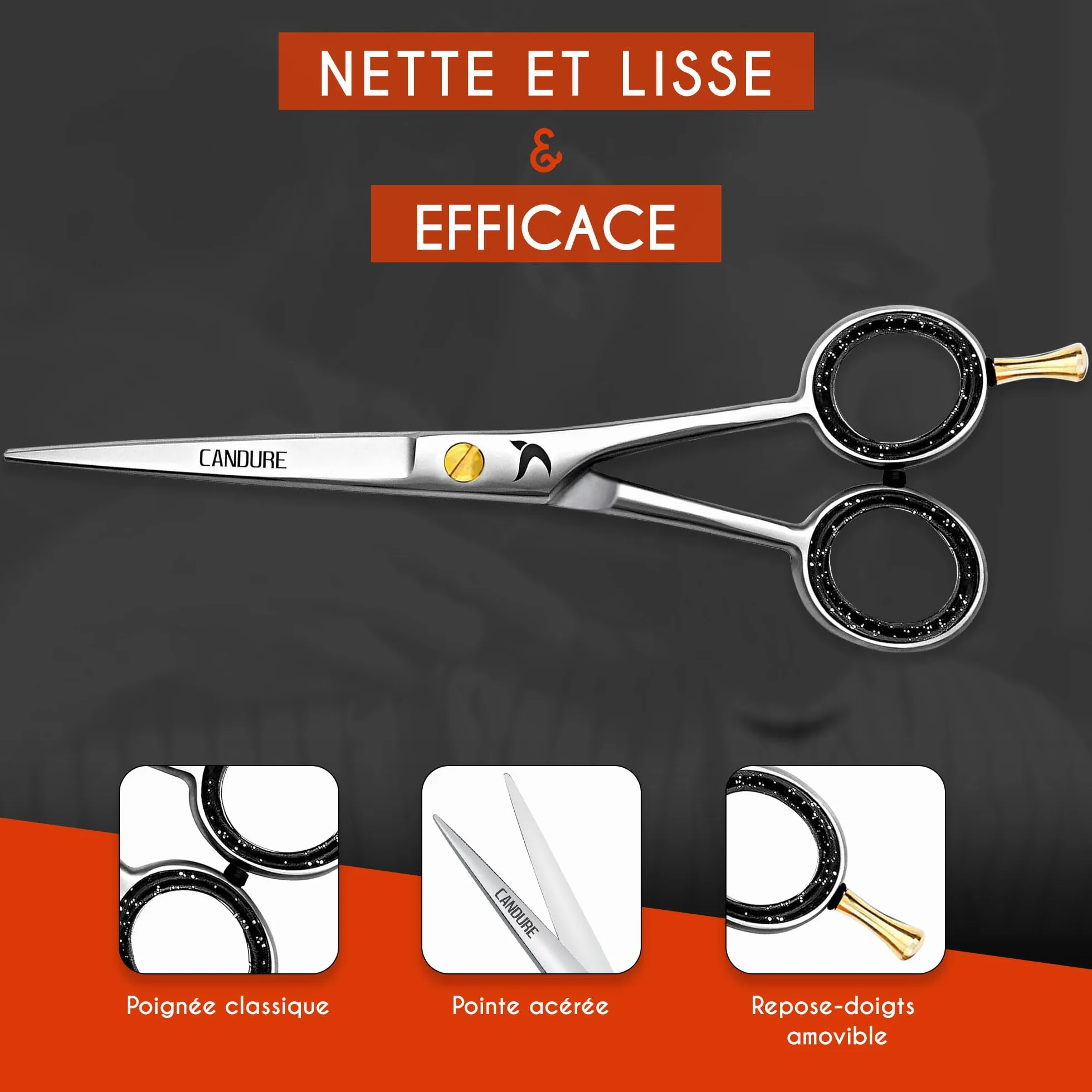 Candure Ciseaux de coiffure professionnels 6,5" acier inoxydable avec peigne et étui