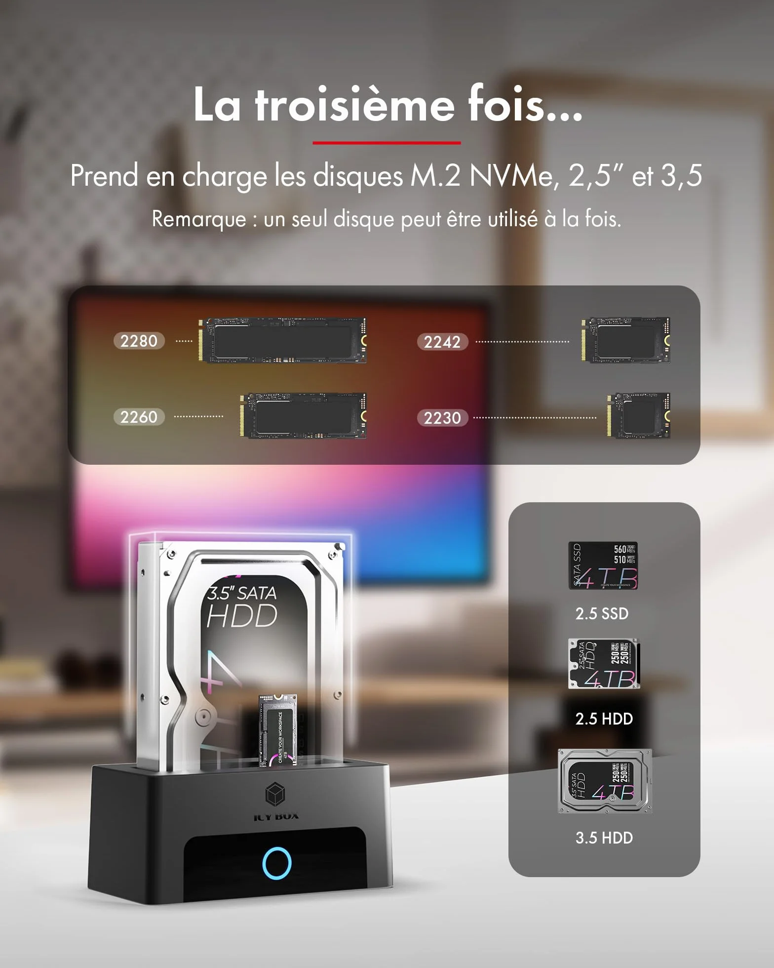ICY Box Spade Dock IB-1123M-CU31 Station d’Accueil M.2 NVMe SATA HDD/SSD USB 3.2 Gen 2 Type-C HotSwap UASP