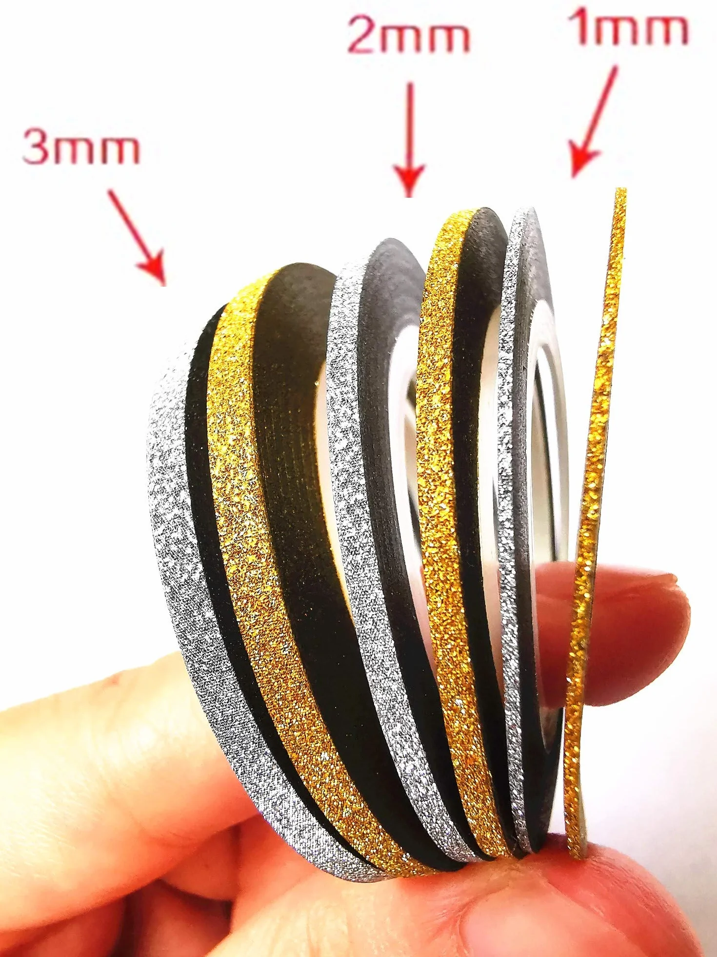 CHANGAR Lot de 6 rouleaux ruban adhésif paillettes nail art 1 mm 2 mm 3 mm Doré argenté