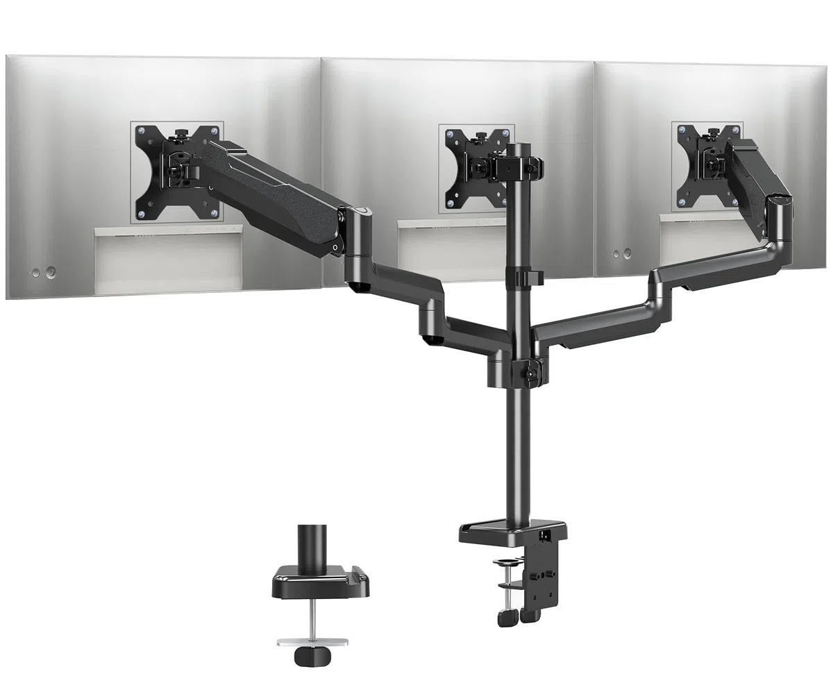 MOUNTUP Support triple moniteur – Support de bureau pour 3 écrans d'ordinateur jusqu'à 27", triple bras de moniteur, support robuste pour moniteurs, chaque bras peut supporter 2 à 9 kg, noir
