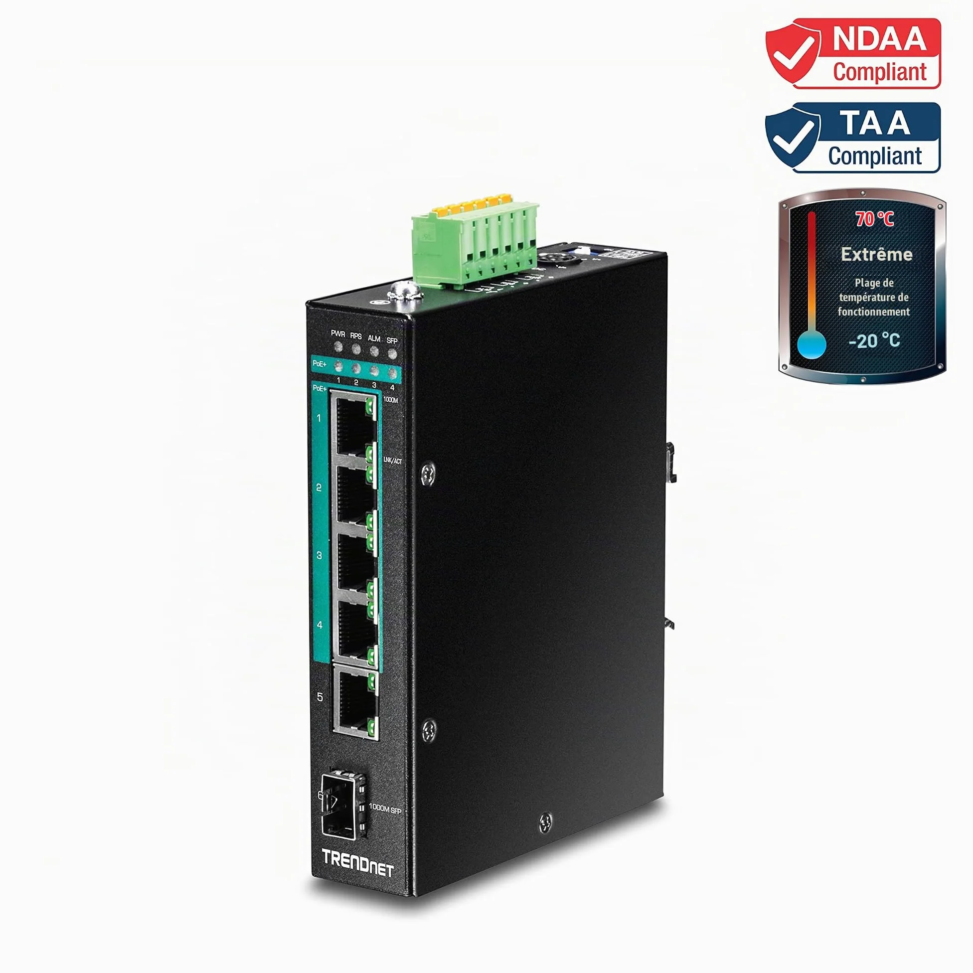 TRENDnet, TI-PG541, Commutateur réseau Gigabit PoE+ Industriel renforcé à 5 Ports, Alimentation 120 W, 1 Emplacement SFP, Indice de Protection IP30, Non géré, Noir