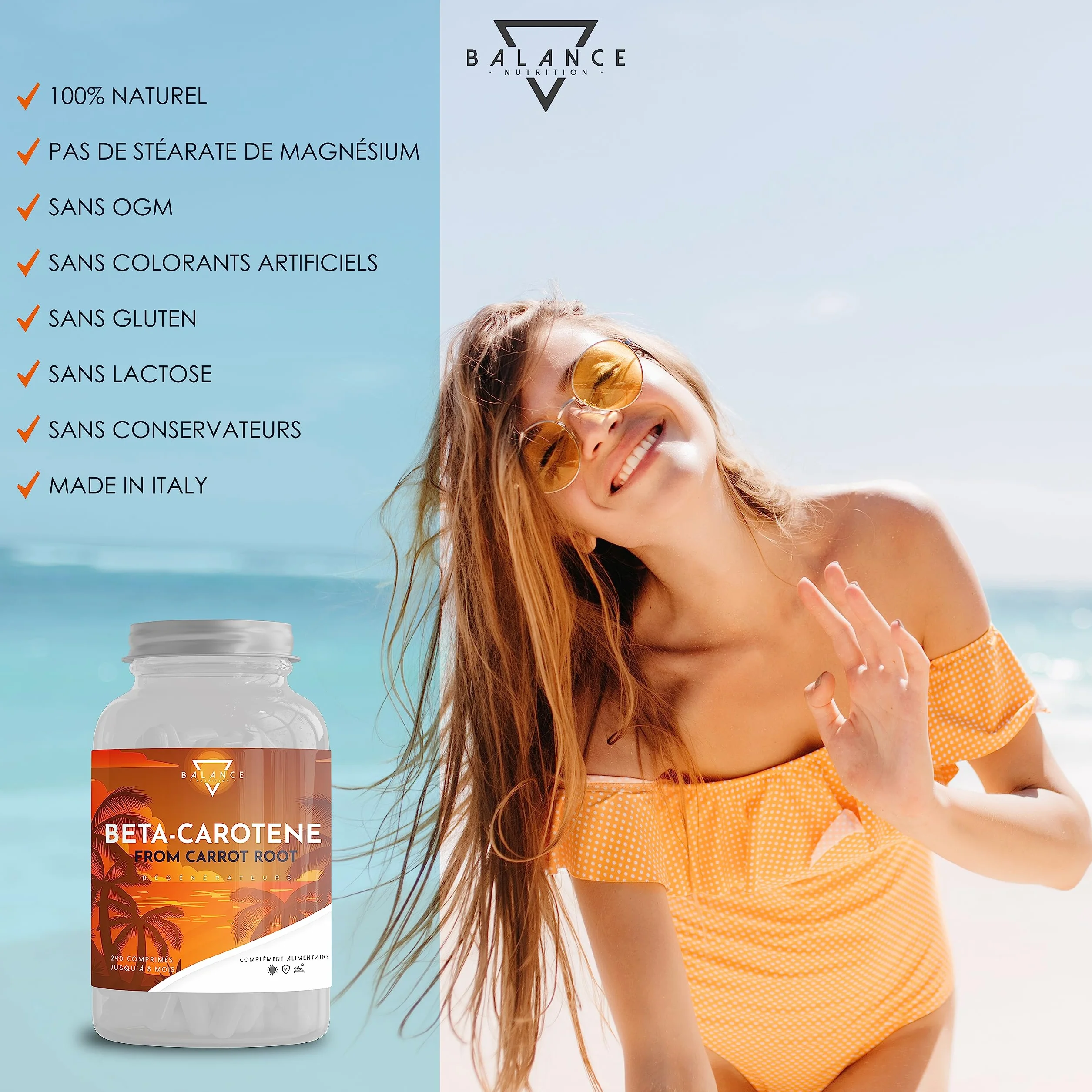 BALANCE NUTRITION BETA CAROTENE 240 Comprimés Autobronzant Gelule Bêtacarotène Bronzage Fort Extrait de Carotte Naturel