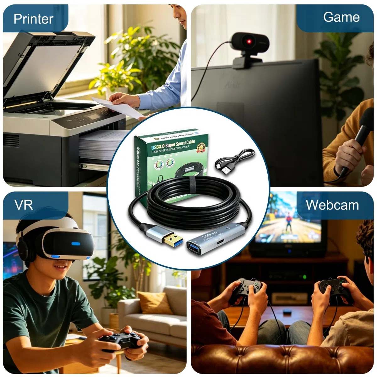 Tan QY Câble d'extension actif USB 3.0 de type A mâle vers A-femelle avec 1 amplificateur de signal et 1 port de charge USB-C, pour webcam, hub USB, appareil photo, imprimante (5 m)