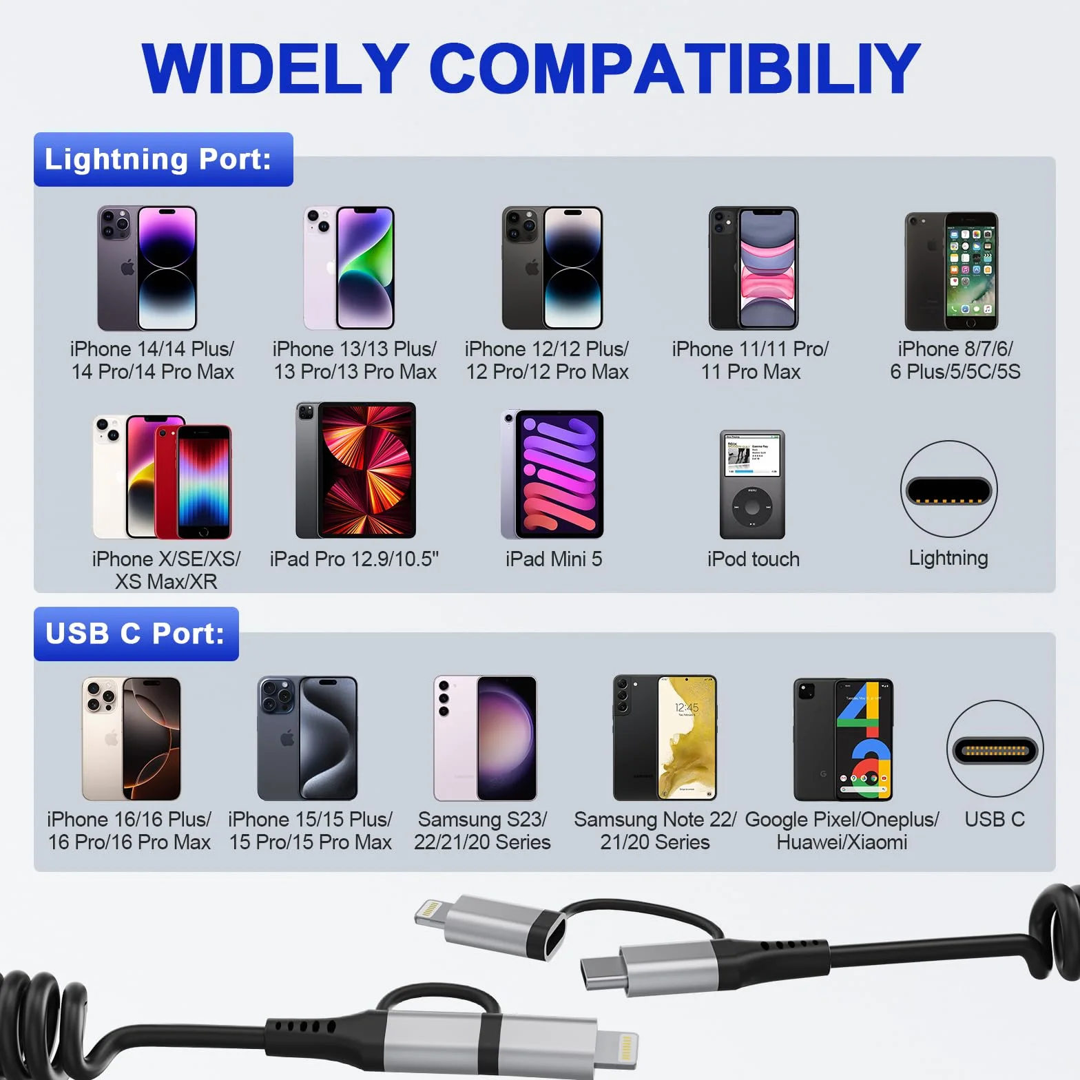 Câble Spirale Voiture 2 en 1 pour Apple CarPlay et Android Auto, Charge Rapide 3A MFi avec USB C et Lightning pour iPhone 16/15/14/13/12/11/Huawei/Galaxy/Google Pixel