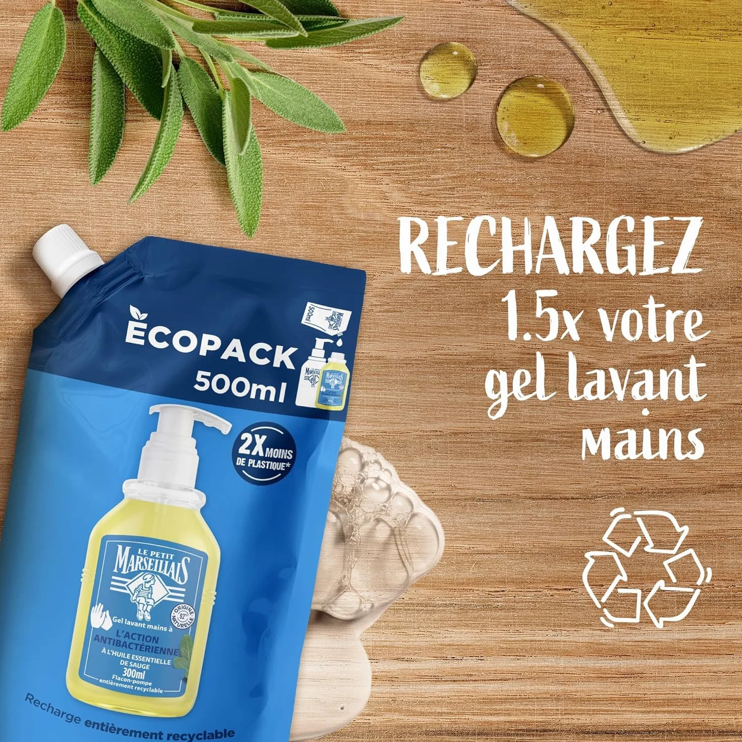 Le Petit Marseillais Recharge Gel Lavant Mains Antibactérien 500 ml – Savon Liquide pour Flacon-Pompe à l’Huile Essentielle de Sauge