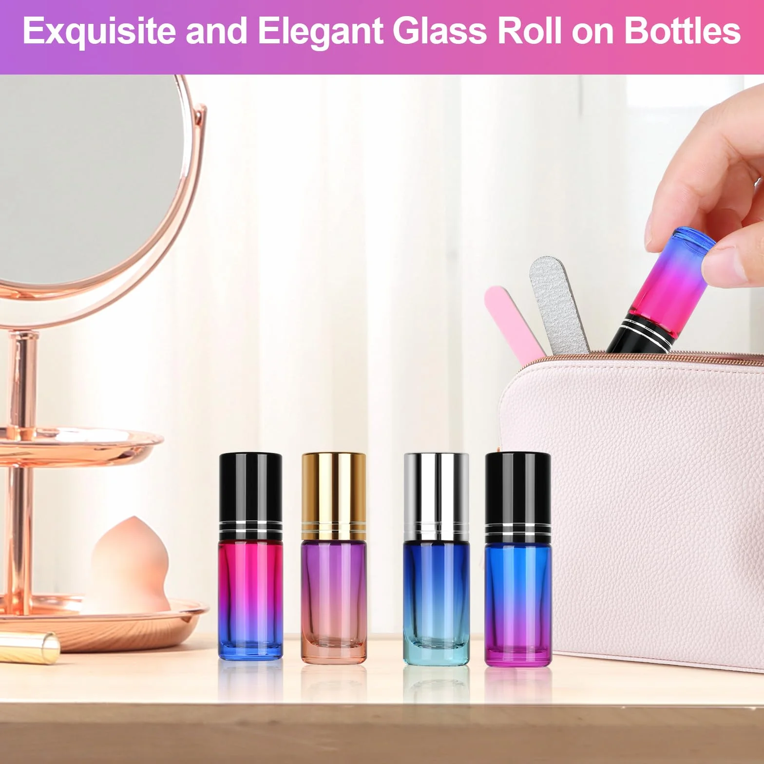 Flacon Roll on Vide 5ml Gradient Verre avec Bille Acier Inoxydable Stickers Parfums Aromathérapie Massage Voyage 15 Pièces
