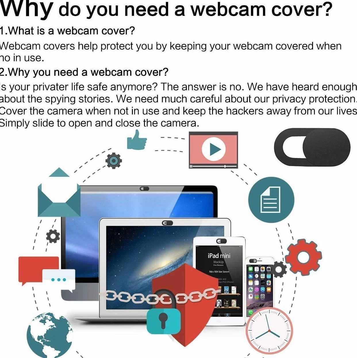 ivoler Pack de 3 Cache Webcam, Webcam Cover Autocollant Coulissant Couverture de Caméra Frontale Ultrafin pour Laptop, PC, Smartphones, Tablettes - Noir