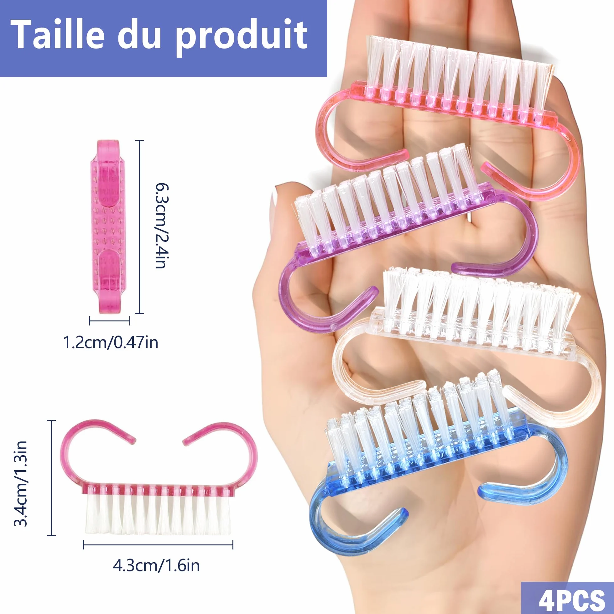 Set de 4 Brosses à Ongles à Manche, Brosse de Nettoyage pour Manucure et Soins des Ongles