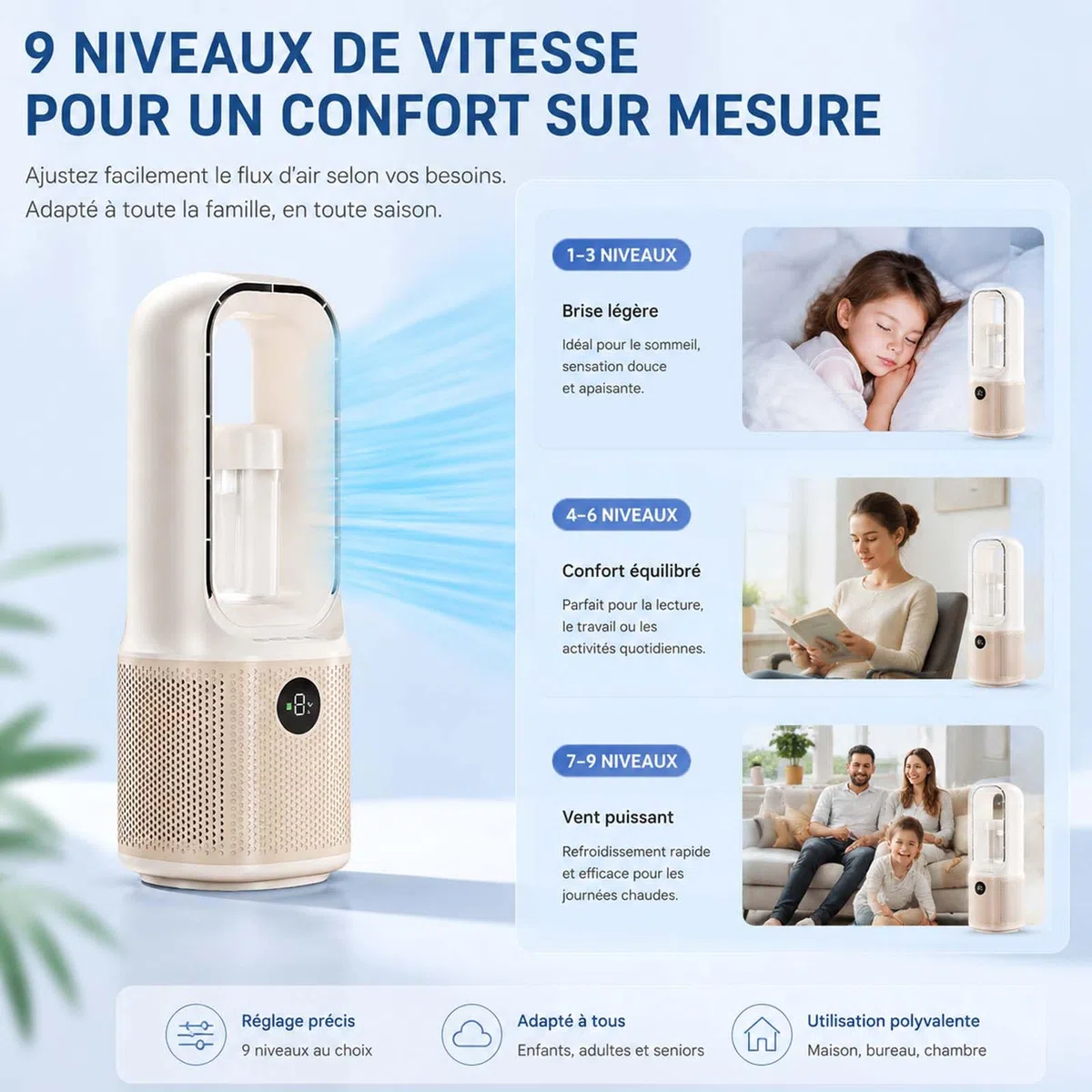 Ventilateur Colonne Sans Pale 3-en-1 36 x 14,6 cm 3500mAh Mini Ventilateur Rafraîchisseur d'Air Rechargeable USB avec Humidificateur 9 Vitesses Chambre/Bureau/Camping