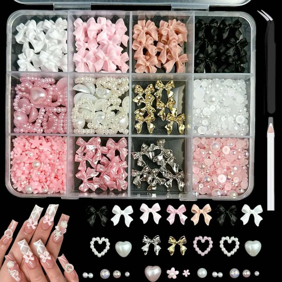 Set Charms Ongles 12 Compartiments 3D Noeud Papillon Résine Perles Cœur Fleur Crayon Cire Pince Strass