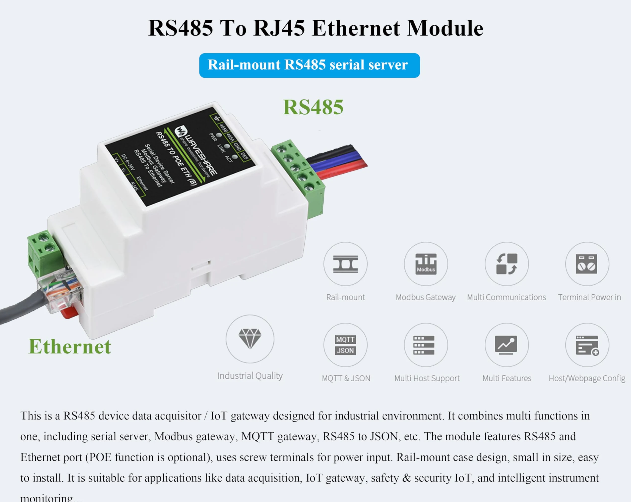 Serveur série industriel RS485 vers RJ45 Ethernet avec fonction PoE, TCP/IP vers série, alimentation CC 6 ~ 36 V ou PoE, données bidirectionnelles RS485 et ETH, prise en charge du port Ethernet PoE +