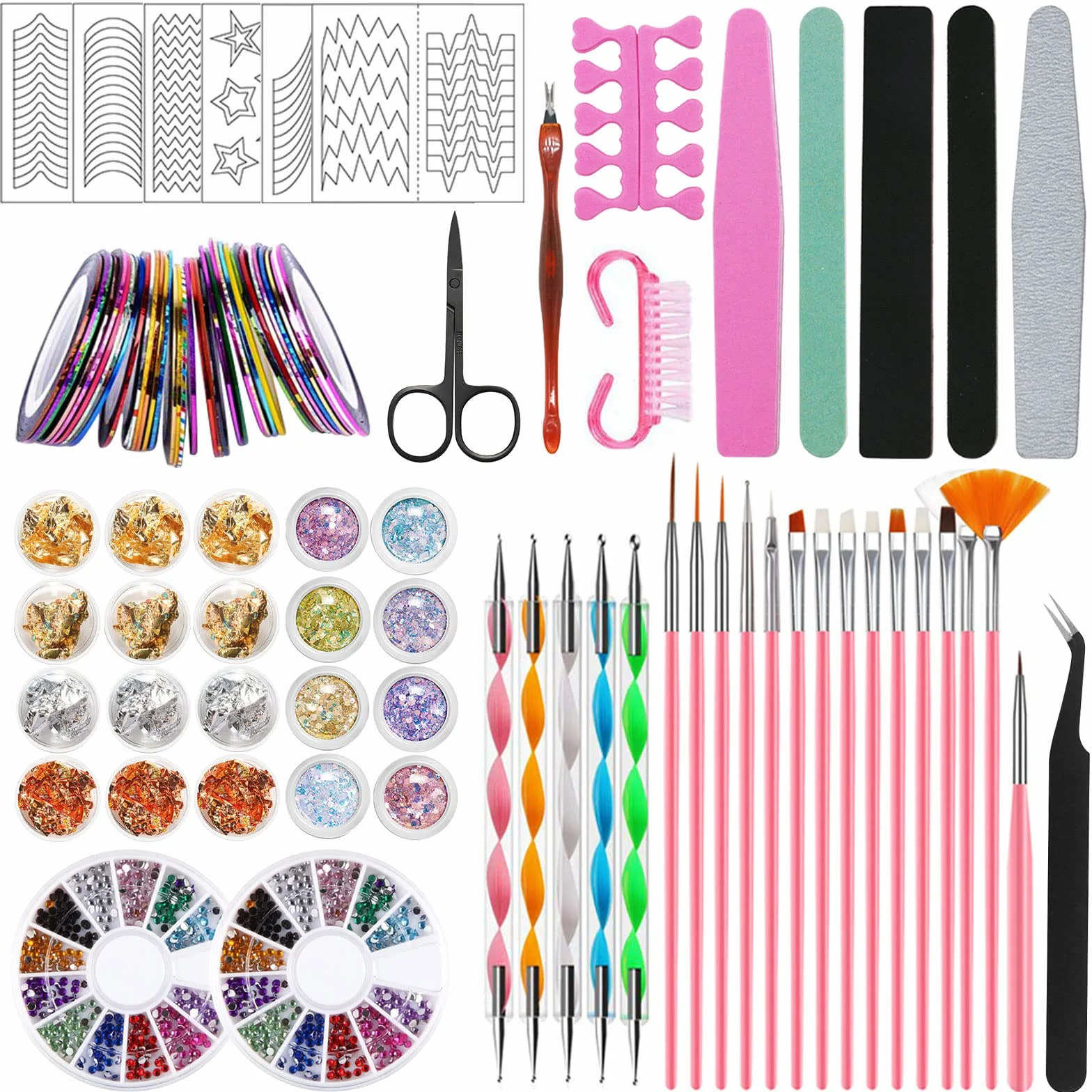 JOYBOY Kit de Nail Art 107pcs, Pinceau à Ongles avec 15 Peintures, Strass et Papier d'Aluminium
