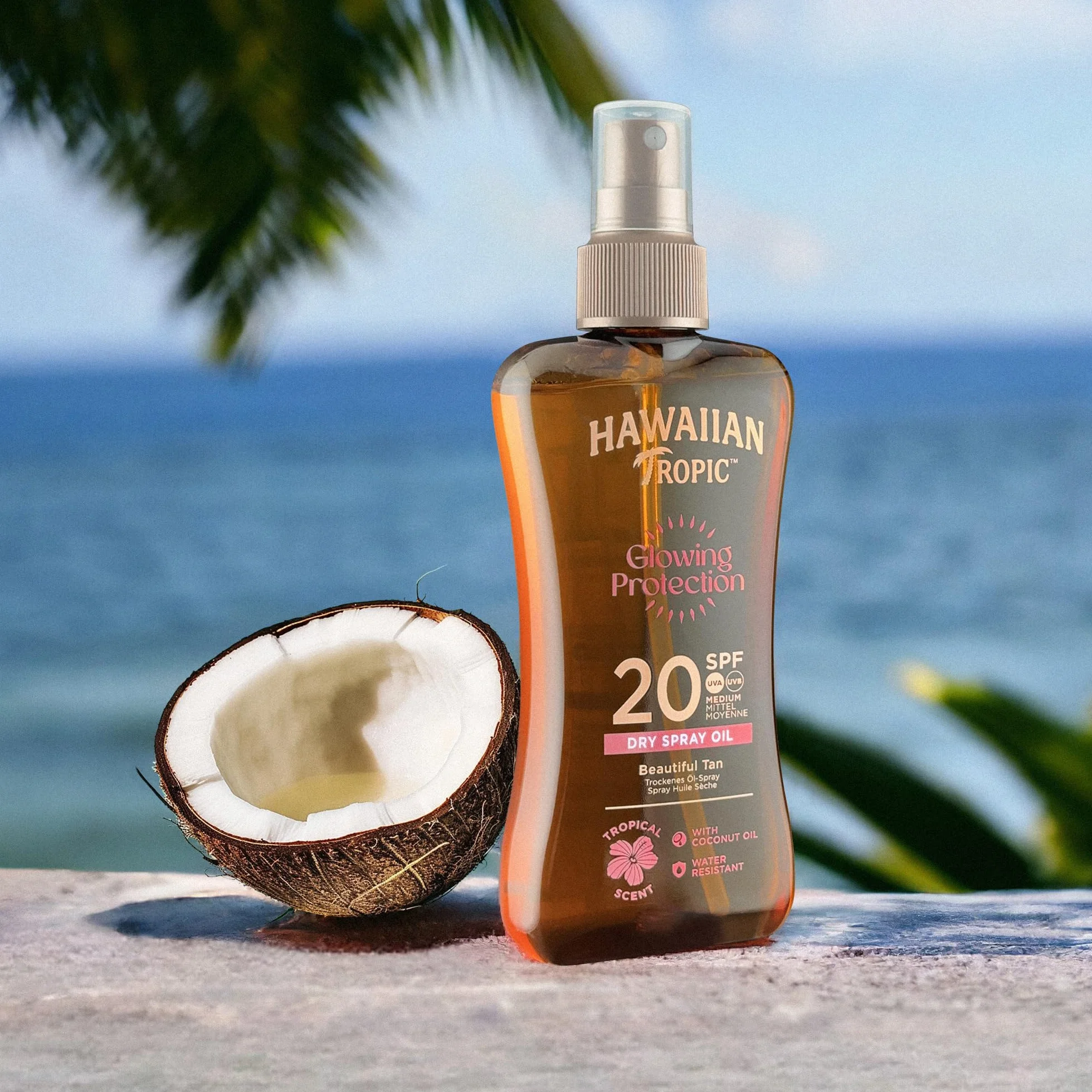Hawaiian Tropic Glowing Protection Huile Sèche Écran Solaire SPF 20 UVA UVB 200 ml Résistant à l'eau Végan