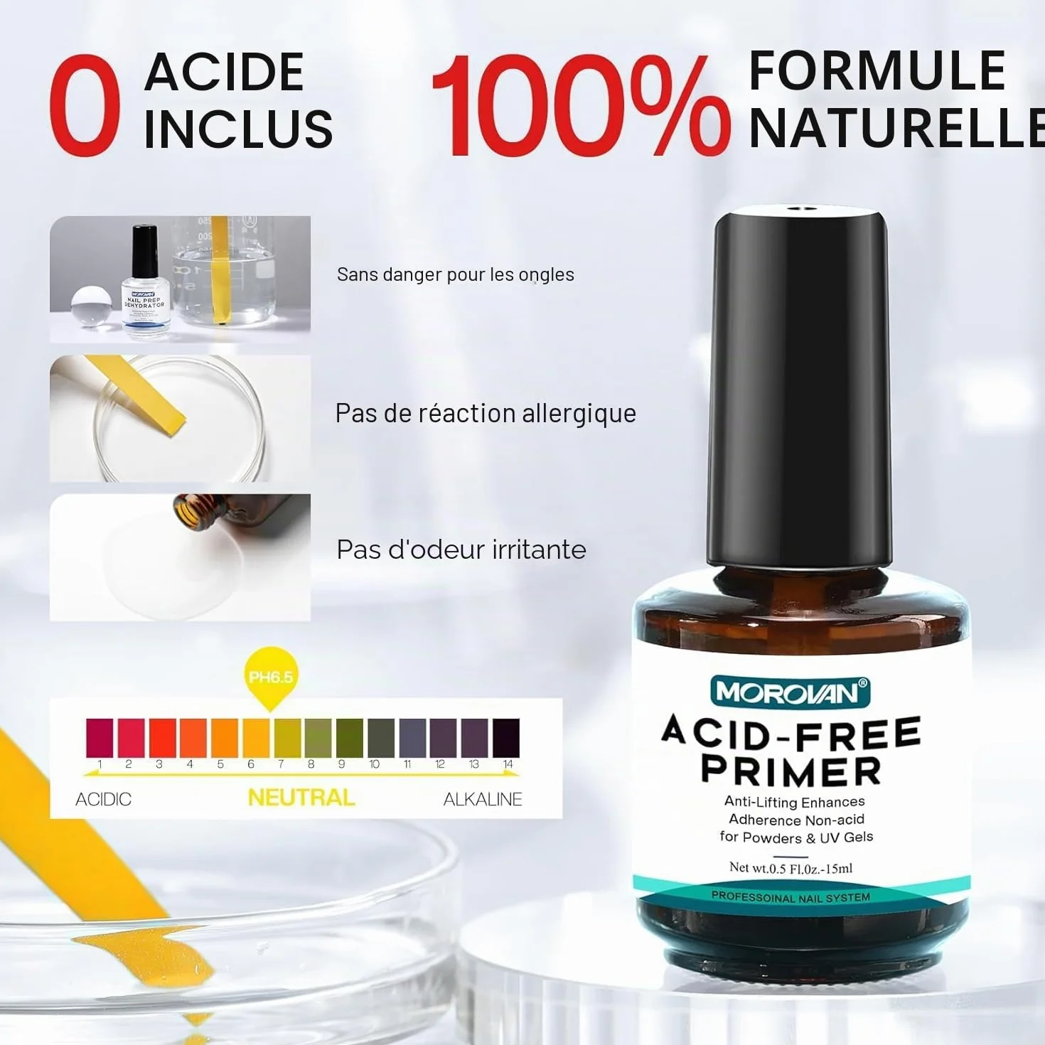 Morovan Nail Primer et Déshydrateur pour Ongles: Adhésion Supérieure Non Acide Séchage Rapide pour Acrylique Gel Builder