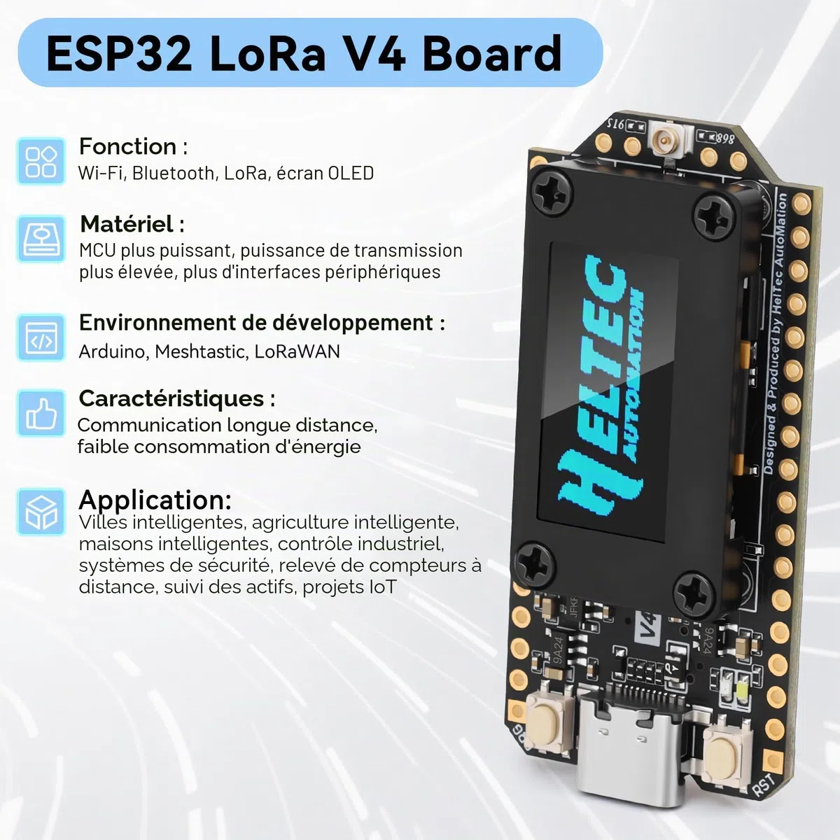Lot de 2 cartes de développement ESP32 LoRa V4 + module GNSS L76 + batterie 3000 mAh, ESP32-S3 SX1262 LoRa WiFi Bluetooth 2 Mo PSRAM 16 Mo Flash 915 MHz Antenne OLED Support GPS solaire