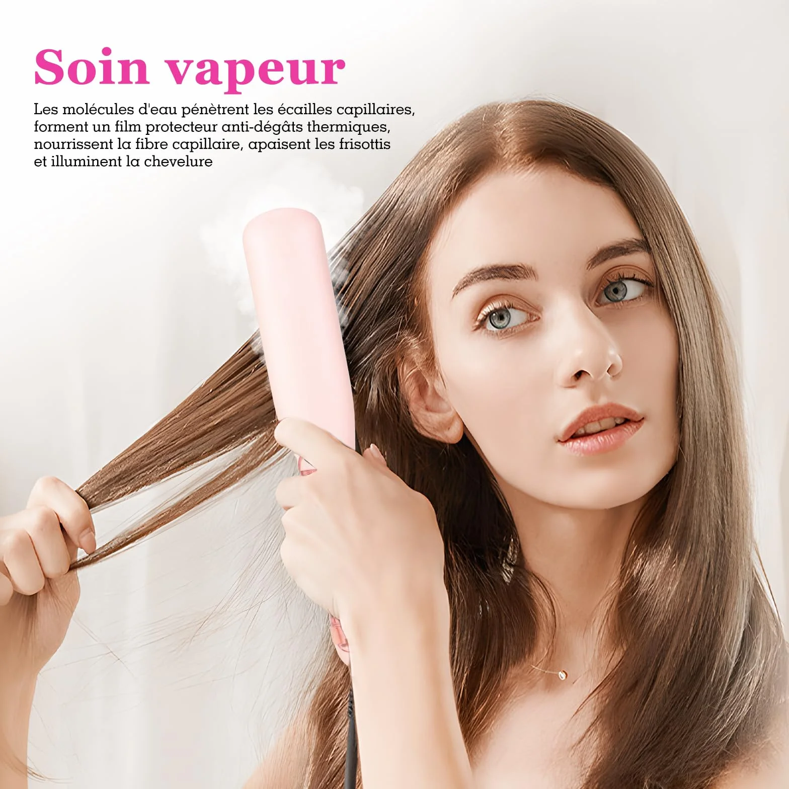 Brosse à Repasser à Cheveux à Vapeur, Lisseur Vapeur, Plaques en Céramique, 4 Niveaux Température, Chauffage Rapide 30s