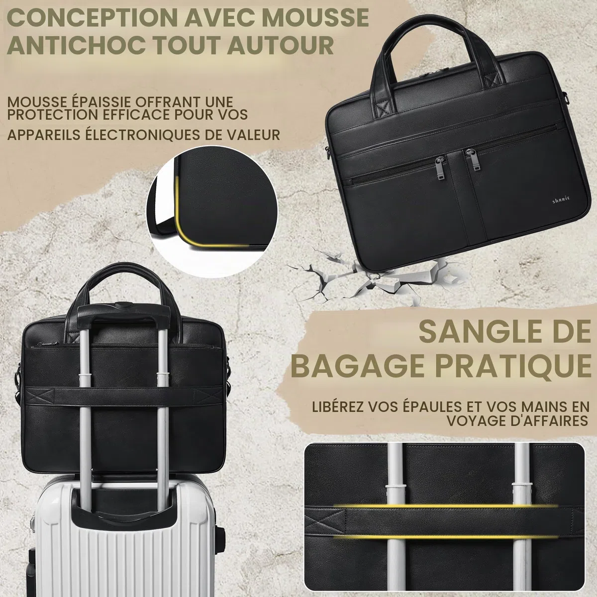 Shrrie Sac à messager en cuir pour homme et femme, sac pour ordinateur portable de 16 pouces, mallette rétro en cuir résistant à l'eau pour homme d'affaires travail