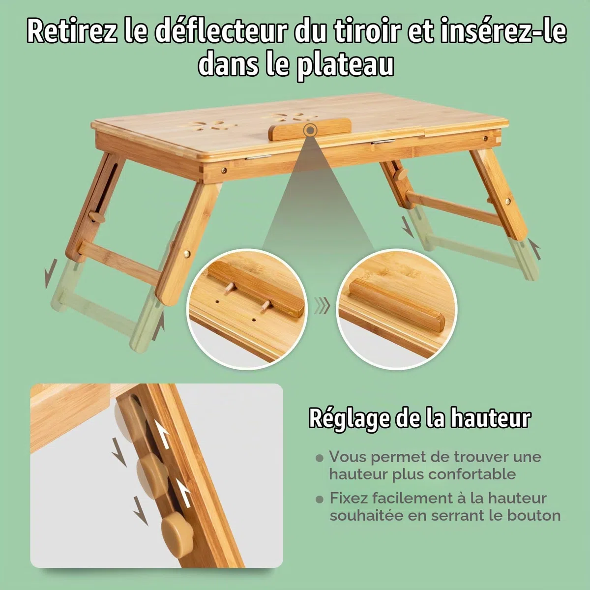 LIFEZEAL Table de Lit Pliable en Bambou, Plateau Inclinable, Hauteur Réglable, Support Ordinateur Portable Avec Trous de Refroidissement, Tiroir, 53x33x20-26,5 cm, Naturel