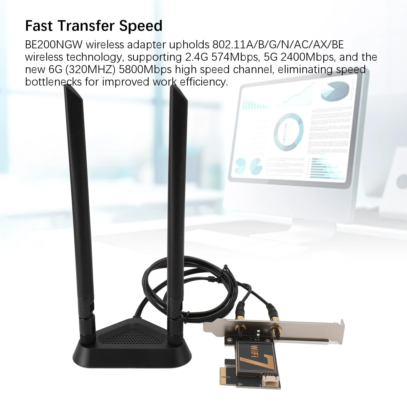 Zunate Carte WiFi PCI Ex1 pour PC de Bureau, Adaptateur Réseau Fil BE200NGW 8774Mbps WiFi 7 Bluetooth 5.4, Adaptateur Réseau PCI Express avec Antenne 8DB, Prend en Charge 2,4G/5G/6G, MU-MIMO et