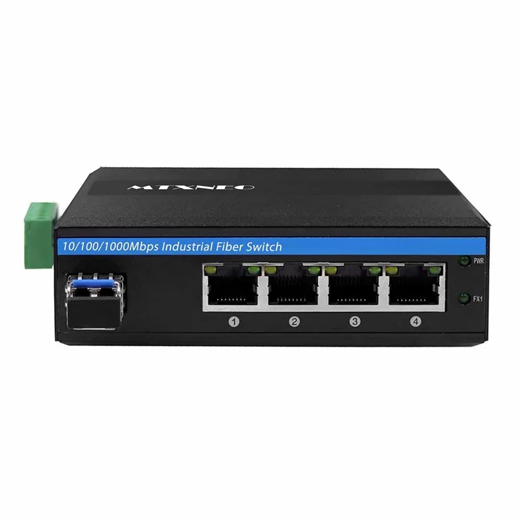 Convertisseur de Fibre Gigabit Ethernet à 5 Ports pour extérieur Dur Commutateur de réseau Industriel sur Rail DIN 100/1000Base-T vers LC Jusqu'à 20 km (avec émetteur-récepteur SFP)