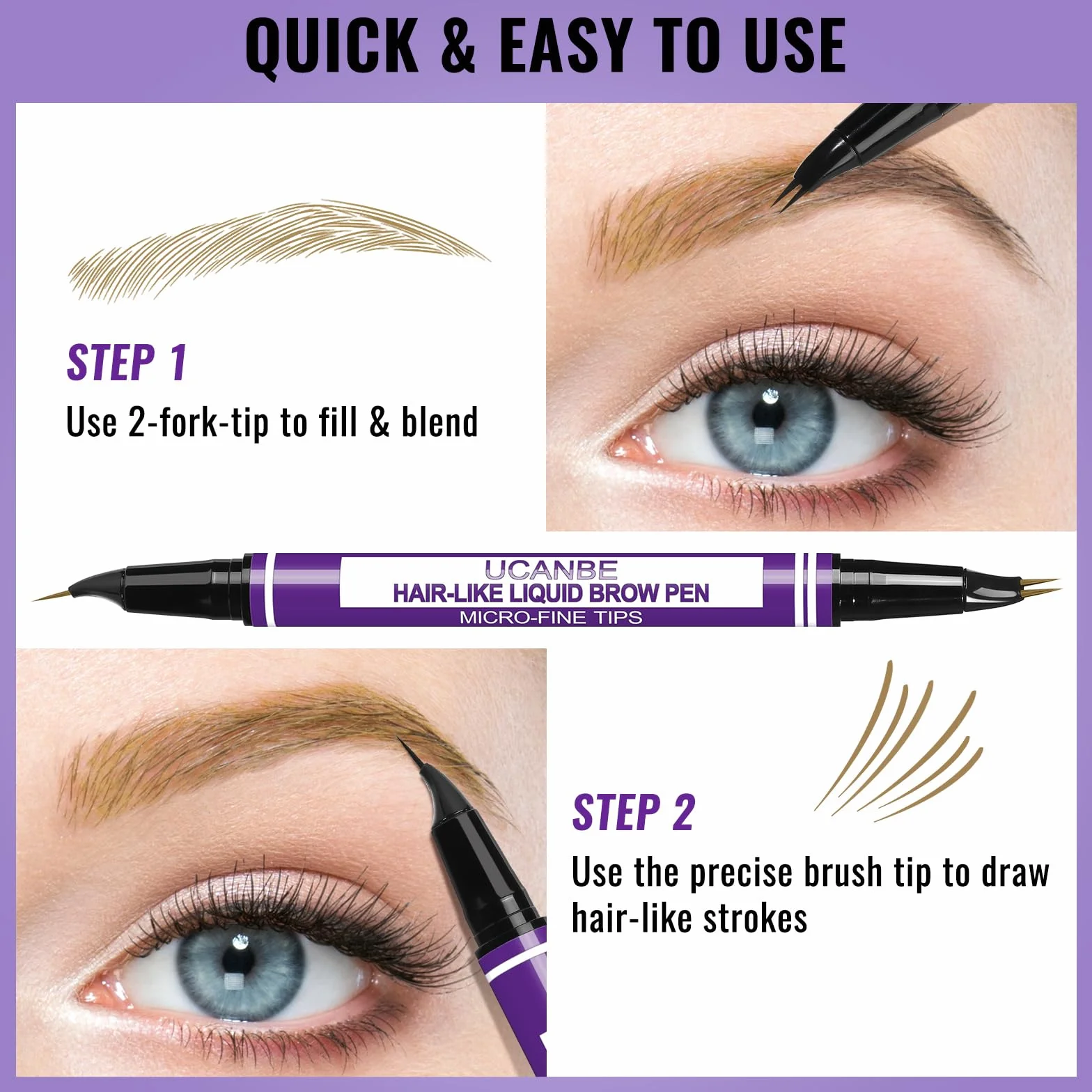 UCANBE Stylo Sourcils 2-en-1 Effet Microblading Waterproof Longue Tenue 24H Pointe Fourchette Précise Brun clair