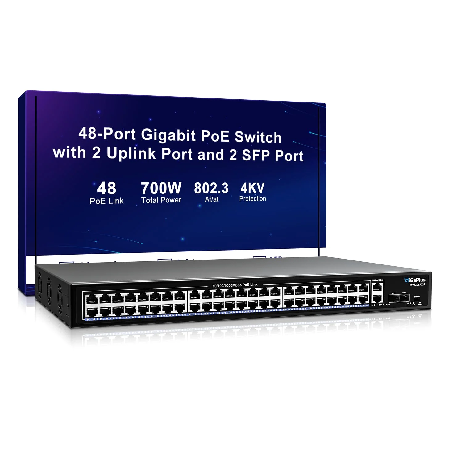 48 Port Gigabit PoE Switch with 2x1000Mbps Uplink, 2x1000Mbps SFP, GiGaPlus 48 Port IEEE802.3af/at PoE @700W, Support VLAN, Metal Housing, Desktop Or Wall-Mount, Plug & Play