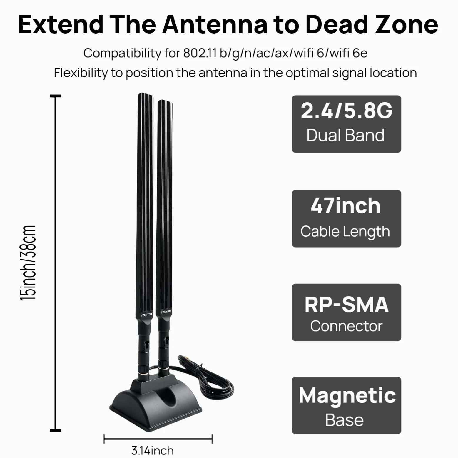 TECHTOO Antenne WiFi 12 dBi double bande 2,4 GHz 5 GHz RP-SMA Antennes WiFi avec base magnétique et câble d'extension de 1,2 m pour PC de bureau, ordinateur de bureau, carte réseau sans fil, carte