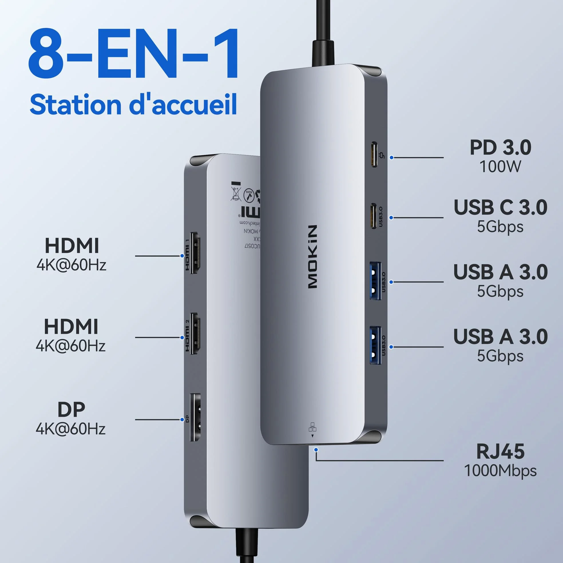 Station d'accueil USB C Dual HDMI, MOKiN 8 en 1 Docking Station pour 3 Moniteurs 4K, Dock USB C avec 2 HDMI et 1 DisplayPort, 1 Gbps Ethernet, Chargement 100W PD, 3 USB 3.0 Ports pour Dell, HP, Lenovo