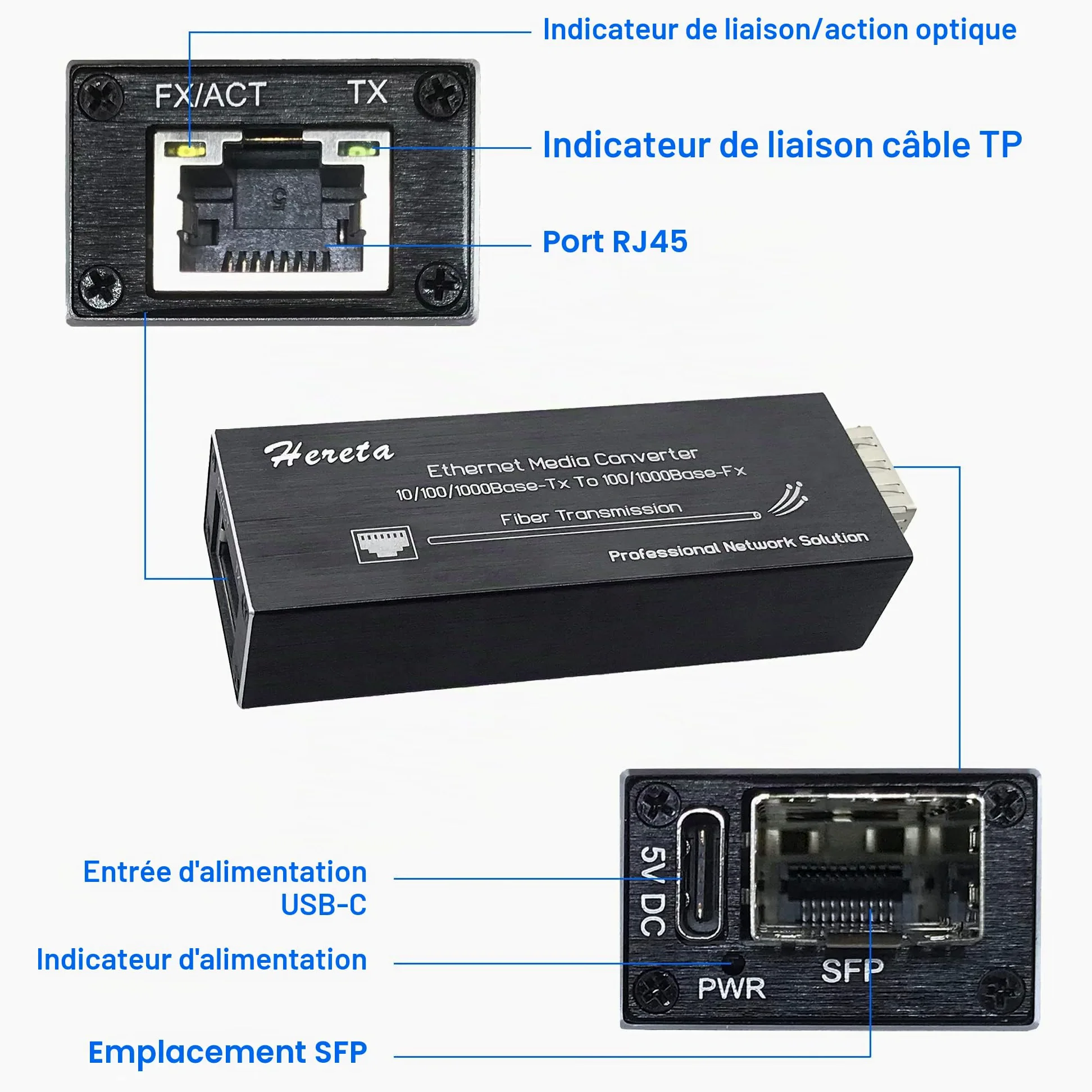 Convertisseur de média Gigabit Ethernet, Convertisseur de média à Fibre Optique avec 1,25G Monomode LC Double Fibre SFP Module, 10/100/1000M RJ45 à 1000Base-SX SFP, 1310nm, 20km