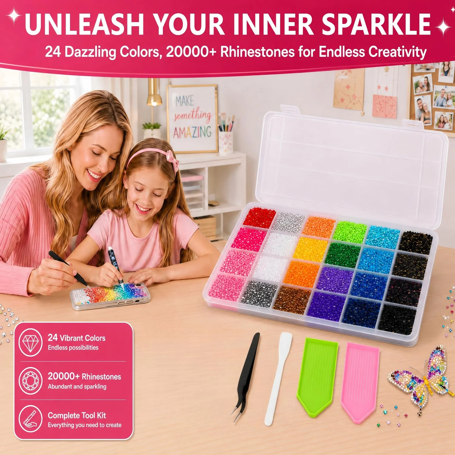 24 Couleurs 3mm Strass Ongle Nail Art, 20000+ Pcs Bedazzling Kit avec Pince à Épiler, Stylo à Pointiller, Rhinestone pour DIY
