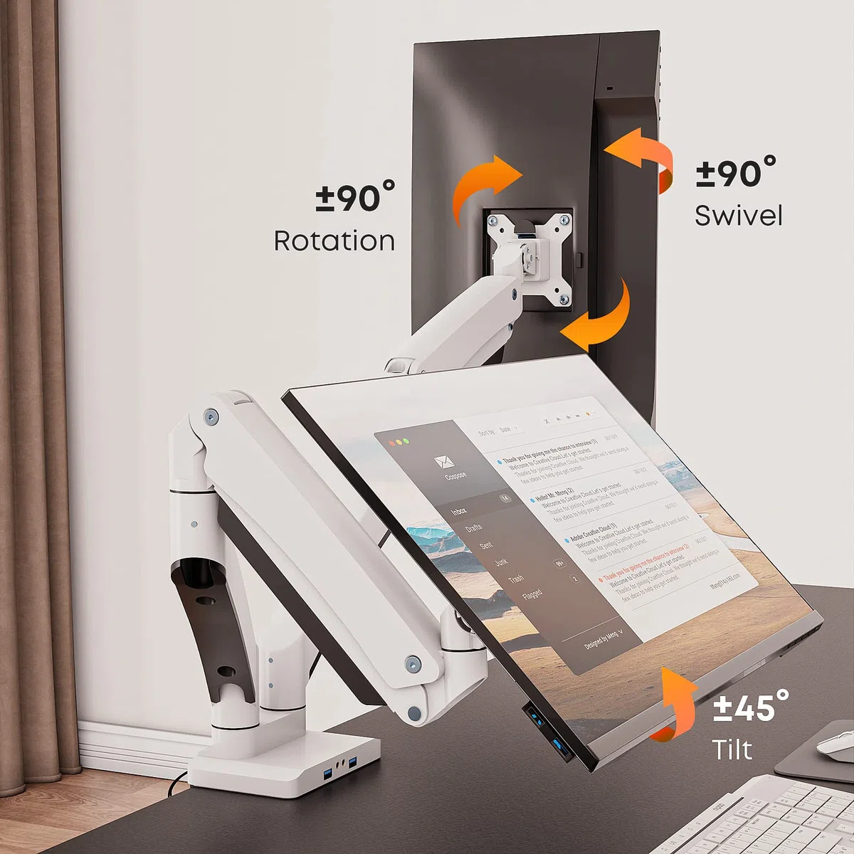 PUTORSEN Support Écran PC 2 Écrans de 17 à 35 Pouces, Aluminium Premium Bras Articulé Ressort à Gaz, Supporte 15 kg par Bras, 2x3.0 USB Port, Réglable en Hauteur, Blanc